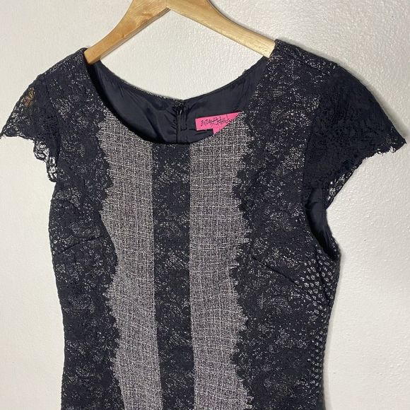 Betsey‎ Johnson Gray Sheath Dress Cap Short Sleeve Black Lace Overlay women’s 8 - Picture 2 of 13
